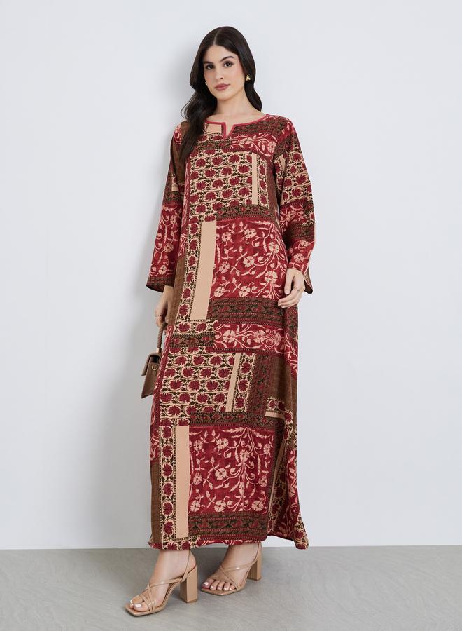 Amirah Women Floral Print Notch Neck A-Line Jalabiya - Image 5